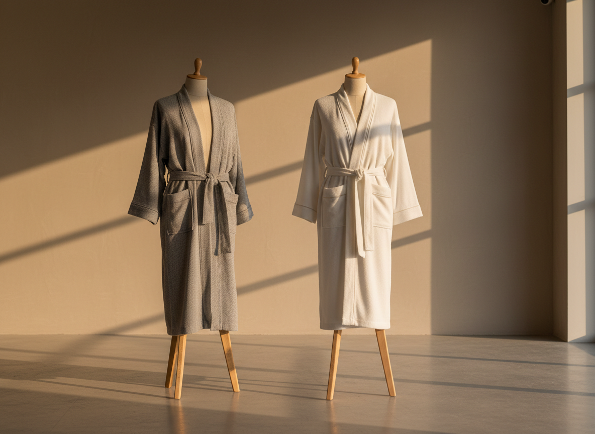 A luxurious Turkish cotton kimono and matching robe displayed on minimalist, headless wooden forms in a high-ceilinged Istanbul showroom. The kimono features a subtle herringbone weave in pearl grey, while the robe is a plush, cloud-white cotton with a finely stitched belt and discreet piping along the edges. Both stand in front of a smooth, matte plaster wall in warm, neutral tones. Golden hour sunlight filters through floor-to-ceiling windows out of frame, casting soft, elongated shadows and gentle highlights on the fabric folds. Photographic realism, captured from a slightly low angle, gives the garments a sculptural presence, creating an atmosphere of quiet sophistication tailored to discerning international wholesale buyers.